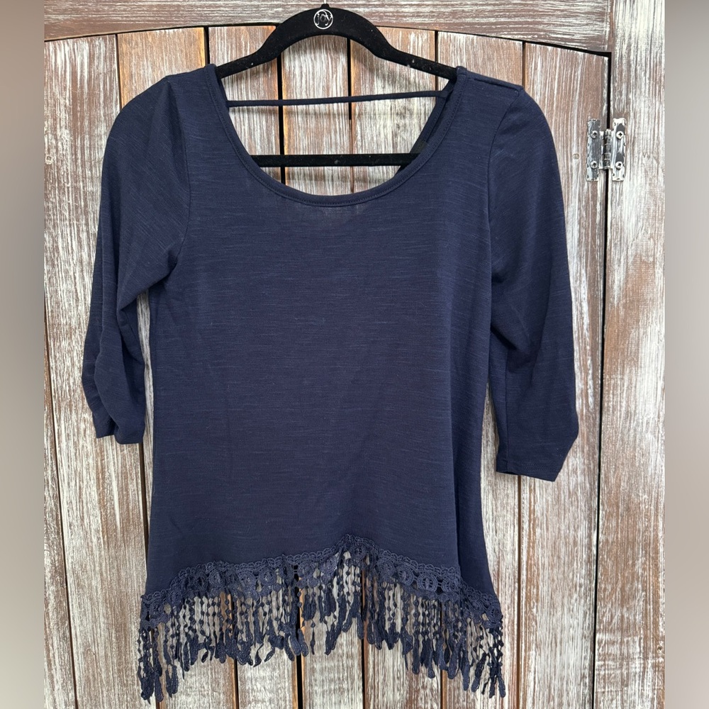 BCX Navy Women's Blouse with Lace Trim Size XS - NWT